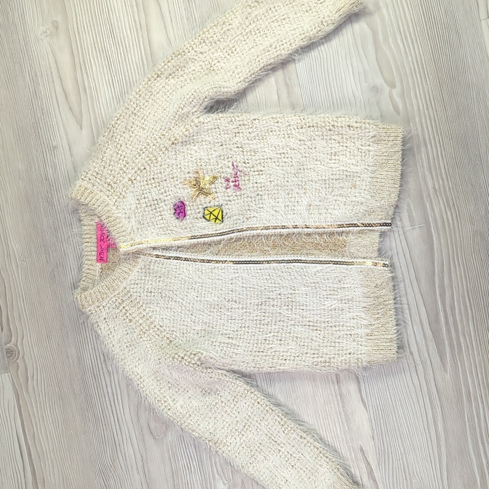 Betsey Johnson 3T sweater cardigan gold white patches sequin star diamon…